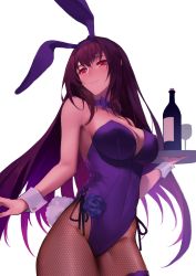 Rule 34 | 1girl, absurdres, animal ears, bad id, bad pixiv id, bar (place), bare shoulders, black hair, black pantyhose, bottle, breasts, cleavage, closed mouth, cup, drinking glass, fake animal ears, fake tail, fate/grand order, fate (series), fishnet pantyhose, fishnets, hair between eyes, highres, holding, holding tray, large breasts, leotard, long hair, looking at viewer, official alternate costume, pantyhose, playboy bunny, purple eyes, purple hair, purple leotard, rabbit ears, rabbit tail, reroi, scathach (fate), scathach (piercing bunny) (fate), sidelocks, simple background, smile, solo, tail, thighs, tray, very long hair, white background, wine bottle, wine glass, wrist cuffs