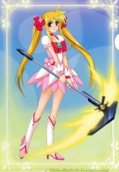 Rule 34 | 1girl, absurdres, artist request, bardiche (haken form) (nanoha), bardiche (nanoha), blonde hair, boots, bow, brooch, brown eyes, choker, cosplay, cure blossom, cure blossom (cosplay), dress, fate testarossa, hair ribbon, heart, heart brooch, heartcatch precure!, highres, jewelry, knee boots, long hair, lyrical nanoha, magical girl, mahou shoujo lyrical nanoha, mahou shoujo lyrical nanoha a&#039;s, mahou shoujo lyrical nanoha strikers, mizuki nana, precure, ribbon, solo, source request, third-party edit, twintails, voice actor connection, wrist cuffs