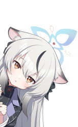 Rule 34 | 1girl, animal ears, blue archive, child, fal (fal-se-0), grey hair, halo, highres, kokona (blue archive), looking at viewer, multicolored hair, simple background, solo, twitter, two-tone hair, upper body, white background