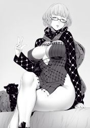 Rule 34 | 1girl, breasts, cleavage, cropped jacket, dress, fate/grand order, fate (series), glasses, greyscale, highres, jacket, jacques de molay (foreigner) (fate), lamb, large breasts, long sleeves, looking at viewer, monochrome, nakamura regura, open clothes, open jacket, sheep, short dress, short hair, thighs