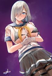 Rule 34 | 1girl, black bra, black pantyhose, blue eyes, blue sailor collar, bra, bra visible through clothes, breasts, commentary request, cowboy shot, gloves, grey hair, grey skirt, hair ornament, hair over one eye, hairclip, hamakaze (kancolle), highres, kantai collection, large breasts, miyako (rgrayt), neckerchief, one-hour drawing challenge, pantyhose, pleated skirt, purple background, sailor collar, school uniform, serafuku, short hair, short sleeves, simple background, skirt, solo, steam, underwear, wet, wet clothes, white gloves, yellow neckerchief