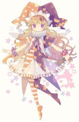 Rule 34 | 1girl, absurdres, alternate color, blonde hair, closed mouth, clownpiece, commentary request, fairy wings, hat, highres, holding, holding torch, jack-o&#039;-lantern ornament, jester cap, long hair, looking at viewer, multicolored pantyhose, multicolored shirt, neck ruff, nikorashi-ka, orange hat, orange pantyhose, orange shirt, pantyhose, pointy ears, purple eyes, purple hat, purple pantyhose, purple shirt, red scrunchie, scrunchie, shirt, simple background, skirt, solo, star (symbol), star print, striped clothes, striped shirt, text hair ornament, torch, touhou, white background, white pantyhose, white shirt, white skirt, wings, wrist scrunchie
