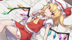 Rule 34 | 1girl, ascot, back bow, bat wings, blonde hair, blood, blood on face, blush, bow, breasts, closed mouth, commentary request, crossed legs, crystal, dutch angle, finger to mouth, fingernails, flandre scarlet, frilled cuffs, frilled skirt, frills, hair between eyes, hand up, hat, hat ribbon, head on pillow, highres, index finger raised, long fingernails, looking at viewer, lying, medium hair, miniskirt, miu (angelo whitechoc), mob cap, on back, on bed, puffy short sleeves, puffy sleeves, rainbow order, red bow, red eyes, red skirt, red wrist cuffs, ribbon, ribbon-trimmed sleeves, ribbon trim, shirt, short sleeves, side ponytail, skirt, slit pupils, small breasts, smile, solo, touhou, wavy hair, white bow, white hat, white shirt, wings, wrist cuffs, yellow ascot