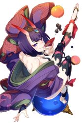 Rule 34 | 1girl, alcohol, ankle ribbon, bare shoulders, breasts, bridal gauntlets, cup, drinking, echo (circa), eyeliner, fate/grand order, fate (series), gourd, headpiece, horns, japanese clothes, kimono, leg ribbon, long sleeves, looking at viewer, looking back, makeup, obi, off shoulder, oni, purple eyes, purple hair, purple kimono, revealing clothes, ribbon, sakazuki, sake, sash, short hair, shuten douji (fate), skin-covered horns, small breasts, smile, solo, tongue, tongue out, wide sleeves