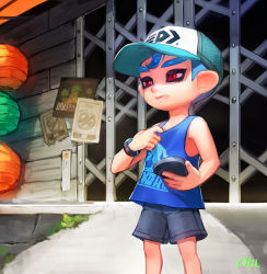 Rule 34 | 1boy, armpit peek, bare arms, blue hair, blue tank top, child, commentary, english commentary, hat, lantern, male focus, morning, nintendo, octoling, octoling boy, octoling player character, ohil (ohil822), outdoors, shorts, solo, splatoon (series), splatoon 2, sweat, tank top, teeth