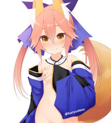 Rule 34 | 1girl, aged down, animal ears, blue bow, blue sleeves, blush, bow, breasts, brown eyes, closed mouth, commentary request, covering breasts, covering privates, detached sleeves, fate/extra, fate (series), fox ears, fox girl, fox tail, groin, hair between eyes, hair bow, haryuu (poetto), highres, long hair, long sleeves, looking at viewer, nipples, nude, out-of-frame censoring, pink hair, small breasts, smile, solo, tail, tamamo (fate), tamamo no mae (fate/extra), twintails, twitter username, very long hair, wide sleeves