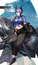 Rule 34 | 1girl, arknights, blue shirt, ch&#039;en (after storm) (arknights), ch&#039;en (arknights), chi xiao (arknights), dragon girl, dragon horns, dragon tail, highres, horns, motor vehicle, motorcycle, necktie, official alternate costume, pocket, police, police uniform, policewoman, shirt, shirt rolled up, tail, tied shirt, uniform, yuki flourish