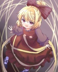 Rule 34 | 1girl, :d, black bow, black footwear, blonde hair, bow, brown dress, brown eyes, dress, from above, full body, gradient background, hair bow, kumami187, kurodani yamame, long sleeves, looking at viewer, open mouth, short hair, smile, solo, touhou, yellow eyes