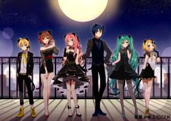 Rule 34 | 2boys, 4girls, animal ears, aqua eyes, aqua hair, asagao minoru, backlighting, black dress, black jacket, black pants, black shirt, black skirt, black vest, blonde hair, blue eyes, blue hair, blue neckwear, brown eyes, brown hair, cat ears, cityscape, claw pose, commentary, copyright notice, detached collar, dress, everyone, formal, full moon, hand on own cheek, hand on own face, hand on own hip, hand up, hands in pockets, hatsune miku, jacket, kagamine len, kagamine rin, kaito (vocaloid), long hair, looking at viewer, megurine luka, meiko (vocaloid), moon, multiple boys, multiple girls, neck ribbon, necktie, night, night sky, open mouth, outdoors, pants, pantyhose, pink hair, railing, ribbon, see-through, see-through shirt, shadow, shirt, short hair, short sleeves, skirt, skirt hold, sky, slippers, smile, spots, standing, star (sky), starry sky, strapless, strapless dress, suit, twintails, very long hair, vest, vocaloid, white shirt, wide shot, yellow neckwear