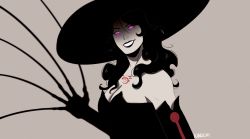 Rule 34 | 1girl, alcina dimitrescu, artist name, black dress, black hair, black lips, breasts, claws, cleavage, clenched teeth, cosplay, crossover, dress, elbow gloves, evil smile, fullmetal alchemist, fusion, gloves, glowing, glowing eyes, hat, highres, kinschi, long hair, lust (fma), makeup, purple eyes, resident evil, resident evil village, shaded face, smile, solo, strapless, strapless dress, sun hat, tattoo, teeth, voice actor connection