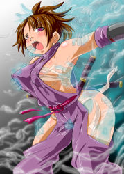Rule 34 | 1girl, blush, breasts, brown hair, covered erect nipples, female focus, gradient background, groping, marimo (ankokumarimo), monster, ninja, open mouth, pink eyes, rape, restrained, slime, solo, sweat