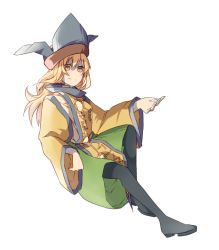 Rule 34 | 1girl, blonde hair, boots, breasts, brown hat, cape, closed mouth, constellation, constellation print, detached sleeves, green skirt, grey footwear, grey hat, hair between eyes, hand up, hat, long hair, long sleeves, looking at viewer, matara okina, medium breasts, orange cape, orange sleeves, shaded face, shirt, simple background, sitting, skirt, smile, solo, thisiszzcat, touhou, white background, white shirt, wide sleeves, yellow eyes