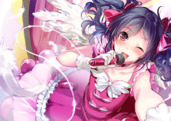 Rule 34 | 10s, 1girl, ;d, angel wings, bad id, bad pixiv id, black hair, bow, dress, girl m, hair bow, heart, heart-shaped pupils, hougu souji, looking at viewer, love live!, love live! school idol festival, love live! school idol project, microphone, one eye closed, open mouth, red dress, red eyes, short hair, smile, solo, symbol-shaped pupils, twintails, wings, yazawa nico