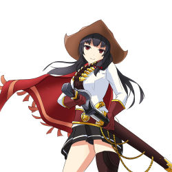 Rule 34 | 1girl, absurdres, ammunition belt, bandolier, black hair, black panties, black skirt, brown gloves, brown thighhighs, cape, cosplay, cowboy hat, cowboy shot, gloves, hair ribbon, hat, high noon yasuo, highres, isokaze (kancolle), jiguang zhi aoluola, kantai collection, league of legends, long hair, looking at viewer, panties, pantyshot, red cape, red eyes, red ribbon, ribbon, riot games, scabbard, sheath, single thighhigh, skirt, smile, solo, standing, thighhighs, tress ribbon, underwear, unsheathing, yasuo (league of legends), yasuo (league of legends) (cosplay)