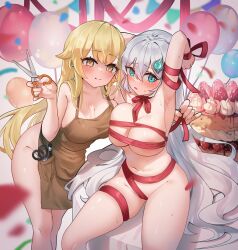 Rule 34 | 2girls, apron, armpits, arms behind head, balloon, blonde hair, blue eyes, blush, breast press, breasts, cake, cleavage, copyright request, food, freehoney, grey hair, hair ornament, highres, holding, holding scissors, long hair, multiple girls, naked apron, naked ribbon, navel, ribbon, scissors, sitting, smile, symmetrical docking, yellow eyes