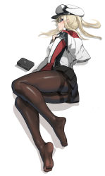 Rule 34 | 1girl, ayakumo, black pantyhose, black skirt, blonde hair, blue eyes, breasts, capelet, celtic knot, graf zeppelin (kancolle), highres, jacket, kantai collection, large breasts, long sleeves, lying, military, military uniform, miniskirt, on side, pantyhose, sidelocks, simple background, skirt, solo, thighband pantyhose, twintails, uniform, white background, white capelet, white jacket