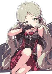 Rule 34 | 1girl, bare shoulders, black gloves, bracelet, breasts, covering own mouth, detached sleeves, dot nose, dress, flower, flower ornament, gloves, hair ribbon, hand to own mouth, handa roco, idolmaster, idolmaster million live!, idolmaster million live! theater days, jewelry, kuresuku (lessons), leg up, light brown hair, long hair, looking down, necklace, official alternate costume, parted bangs, pearl bracelet, pearl hair ornament, pearl necklace, red dress, red flower, red rose, ribbon, rose, simple background, small breasts, solo, twintails, very long hair, wavy hair