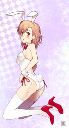 Rule 34 | 1girl, absurdres, animal ears, ass, bow, bowtie, breasts, brown eyes, brown hair, commentary request, covered erect nipples, detached collar, female focus, from side, full body, garter straps, highres, kikumaru bunta, leotard, light blush, looking at viewer, looking to the side, misaka mikoto, playboy bunny, rabbit ears, rabbit tail, red bow, red bowtie, red footwear, short hair, small breasts, solo, tail, thighhighs, toaru kagaku no railgun, toaru majutsu no index, white leotard, white thighhighs, wrist cuffs