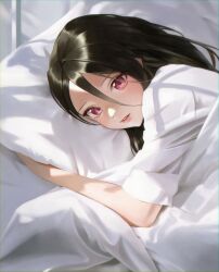 Rule 34 | 1girl, absurdres, bed, bed sheet, black hair, chungla, day, hair between eyes, highres, lips, long hair, looking at viewer, on bed, original, pillow, pink eyes, shirt, short sleeves, smile, solo, under covers, white shirt