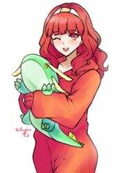 Rule 34 | blunt bangs, celica (fire emblem), commission, commissioner upload, dragon, fire emblem, fire emblem: the blazing blade, fire emblem echoes: shadows of valentia, fire emblem heroes, highres, ninian (fire emblem), nintendo, one eye closed, open mouth, pajamas, princess, red eyes, red hair, red pajamas, rotomdocs, smile, stuffed toy, tiara