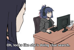 Rule 34 | 2girls, arknights, bakmi (mkn bkm), black hair, black shirt, blue hair, chair, closed mouth, commentary, dobermann (arknights), english commentary, english text, green eyes, grey jacket, highres, jacket, jessica (arknights), keyboard (computer), long hair, long sleeves, meme, monitor, mouse (computer), multicolored hair, multiple girls, office chair, pink hair, ponytail, shirt, simple background, sitting, streaked hair, swivel chair, white background