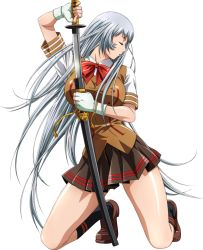 Rule 34 | 00s, 1girl, black socks, breasts, chouun shiryuu, clothes, extraction, closed eyes, fingerless gloves, full body, glint, gloves, grey hair, holding, holding weapon, ikkitousen, katana, kneehighs, kneeling, large breasts, loafers, long hair, miniskirt, official art, open mouth, pleated skirt, profile, rin-sin, school uniform, sheath, shirt, shoes, short sleeves, skirt, sleeve cuffs, socks, solo, sword, taut clothes, tiptoes, transparent background, unsheathing, very long hair, vest, weapon, white gloves