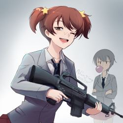 Rule 34 | absurdres, alisa (girls und panzer), artist name, assault rifle, black neckwear, blazer, brown eyes, brown hair, chewing gum, commentary, crossed arms, dated, dress shirt, freckles, girls und panzer, grey jacket, gun, hair ornament, highres, holding, holding gun, holding weapon, jacket, long sleeves, looking at another, looking at viewer, m16, m16a1, miniskirt, mixed-language commentary, naomi (girls und panzer), necktie, nico jiang, one eye closed, open mouth, pleated skirt, red skirt, rifle, saunders school uniform, school uniform, shirt, short hair, short twintails, signature, skirt, smile, standing, star (symbol), star hair ornament, twintails, very short hair, weapon, white shirt, wing collar