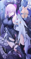 Rule 34 | 2girls, abigail williams (fate), abigail williams (third ascension) (fate), armor, armored dress, armpits, arms behind head, arms up, bare shoulders, between legs, black bow, black gloves, black legwear, black panties, blush, bow, breasts, elbow gloves, fate/grand order, fate (series), forehead, gloves, hair bow, hair over one eye, hand between legs, hand on another&#039;s hip, hat, highleg, highleg leotard, highres, hip focus, keyhole, large breasts, leotard, licking, licking armpit, light purple hair, long hair, mash kyrielight, multiple girls, nail polish, nami qi, open mouth, orange bow, pale skin, panties, parted bangs, parted lips, polka dot, polka dot bow, purple eyes, red eyes, restrained, short hair, small breasts, smile, tentacles, thigh strap, thighs, tongue, tongue out, underwear, very long hair, water drop, white hair, witch hat, yuri