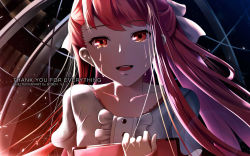 Rule 34 | 1girl, artist name, backlighting, cockpit, collarbone, copyright name, drawing tablet, dress, eyebrows, hair ribbon, half updo, happy tears, highres, long hair, looking at viewer, parted lips, red eyes, red hair, ribbon, rin (shelter), shelter (song), solo, sysen, tears, thank you, upper body