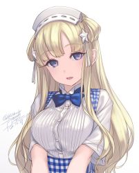Rule 34 | 1girl, apron, artist name, blonde hair, blue apron, blue eyes, breasts, buttons, collared shirt, dated, employee uniform, fletcher (kancolle), gradient background, hair bun, highres, kantai collection, kobeya uniform, large breasts, long hair, open mouth, rokuwata tomoe, shirt, short sleeves, side bun, signature, single side bun, smile, solo, twitter username, uniform, upper body, white background, white shirt