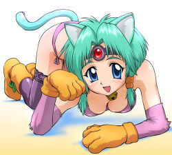 Rule 34 | 1990s (style), 1girl, all fours, animal ears, animal hands, aqua hair, bell, blue eyes, blush, boots, breasts, cat ears, cat tail, circlet, cleavage, elbow gloves, gloves, haou taikei ryuu knight, paffy pafuricia, panties, paw pose, retro artstyle, smile, solo, tail, thighhighs, ueyama michirou, underwear