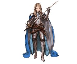 Rule 34 | 1girl, armor, belt, belt buckle, boobplate, boots, breastplate, breasts, brown eyes, brown hair, buckle, cape, earrings, full body, gauntlets, gloves, granblue fantasy, grey footwear, holding, holding weapon, jewelry, katalina (granblue fantasy), knee boots, long hair, looking at viewer, minaba hideo, official art, pauldrons, ribbon, sheath, shoulder armor, shoulder pads, solo, standing, sword, transparent background, weapon