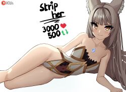 Rule 34 | 1girl, absurdres, animal ear fluff, animal ears, arm support, artist name, bare shoulders, blunt bangs, blush, breasts, brown eyes, chest jewel, closed mouth, clothing cutout, collarbone, commentary, english commentary, english text, eyelashes, foot out of frame, gold trim, grey hair, highleg, highleg leotard, highres, knees together feet apart, leotard, like and retweet, long hair, lying, meme, navel cutout, nia (blade) (xenoblade), nia (xenoblade), on ground, on side, patreon logo, see-through, simple background, small breasts, smile, solo, strapless, strapless leotard, twitter strip game (meme), very long hair, white background, white leotard, x xith x, xenoblade chronicles (series), xenoblade chronicles 2
