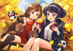 Rule 34 | 2girls, :d, ahoge, anchor necklace, animal, aran sweater, asymmetrical legwear, azur lane, bare shoulders, bench, black jacket, black socks, blue shorts, blue sky, blush, braid, brown hair, brown jacket, cable knit, collarbone, commentary request, day, double bun, drooling, falling leaves, flower, food, ginkgo tree, ginkgo leaf, grey headwear, hair bun, hair flower, hair ornament, hairband, hat, holding, holding food, jacket, jewelry, kneehighs, leaf, long hair, long sleeves, multiple girls, necklace, ning hai (azur lane), off shoulder, on bench, open clothes, open jacket, open mouth, outdoors, panda, park bench, ping hai (azur lane), puffy long sleeves, puffy sleeves, purple eyes, purple hair, red eyes, red sweater, roasted sweet potato, saliva, shirt, short shorts, shorts, single kneehigh, single sock, single thighhigh, sitting, sky, smile, socks, sweater, sweet potato, thighhighs, uneven legwear, very long hair, white flower, white hairband, white shirt, yuko (uc yuk)