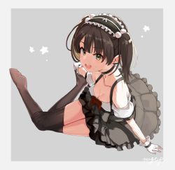 Rule 34 | 1girl, bare shoulders, black dress, black thighhighs, breasts, brown hair, cleavage, copyright request, dress, feet, gloves, green eyes, grey dress, hairband, hakari kanna, headdress, highres, lolita hairband, medium breasts, mugcup, open mouth, short twintails, simple background, sitting, soles, solo, thighhighs, thighs, twintails, virtual youtuber