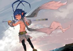 Rule 34 | 1boy, antenna hair, back, belt, black legwear, blue hair, chinese commentary, cloud, cloudy sky, disgaea, fanininini, gloves, highres, laharl, looking at viewer, looking back, male focus, scarf, shorts, sky, smile, solo, solo focus, topless male, twilight, twintails, yellow eyes