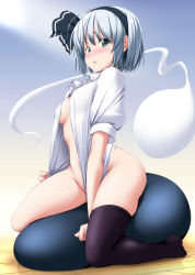 Rule 34 | 1girl, black hairband, black ribbon, black thighhighs, blue background, blush, bottomless, breasts, commentary request, embarrassed, gradient background, green eyes, hair ribbon, hairband, highres, hitodama, konpaku youmu, konpaku youmu (ghost), looking at viewer, medium breasts, no shoes, nori tamago, nose blush, open clothes, open shirt, parted lips, puffy short sleeves, puffy sleeves, ribbon, shirt, shirt tug, short hair, short sleeves, silver hair, single thighhigh, solo, sweat, thighhighs, thighs, touhou, white background, white shirt, wooden floor