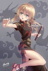 Rule 34 | 10s, 1girl, :o, alternate costume, blonde hair, blue eyes, chinese clothes, dragon, fighting stance, hair ornament, kantai collection, leg up, morigami (morigami no yashiro), no headwear, no headwear, nunchaku, prinz eugen (kancolle), short sleeves, side ponytail, side slit, solo, twintails, twitter username, weapon