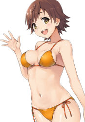 Rule 34 | 10s, 1girl, :d, arm at side, bare arms, bare shoulders, bikini, blush, breasts, brown hair, cleavage, collarbone, cowboy shot, eyebrows, hashi, honda mio, idolmaster, idolmaster cinderella girls, looking at viewer, medium breasts, navel, open mouth, orange bikini, orange ribbon, ribbon, short hair, side-tie bikini bottom, simple background, smile, solo, standing, stomach, swimsuit, waving, white background, yellow eyes