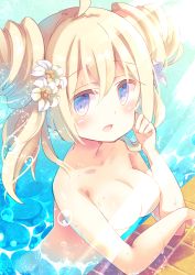 Rule 34 | 1girl, ahoge, bare arms, bare shoulders, blonde hair, blue eyes, blush, breasts, cleavage, collarbone, completely nude, flower, hair flower, hair ornament, hand on own cheek, hand on own face, looking at viewer, medium breasts, nude, original, parted lips, solo, standing, water, yamadori yoshitomo