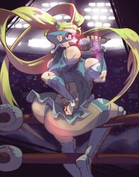 Rule 34 | 1girl, absurdres, ass, bare shoulders, blonde hair, blue eyes, boots, breasts, crowd, highres, large breasts, long hair, mask, rainbow mika, raindropsndew, sitting, street fighter, street fighter zero (series), twintails, wrestling outfit