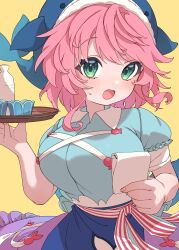 Rule 34 | 1girl, absurdres, animal hat, aqua shirt, blue hat, blush, breasts, collared shirt, e sdss, fingernails, green eyes, hat, highres, holding, holding tray, large breasts, looking at viewer, okunoda miyoi, open mouth, pink hair, purple skirt, shirt, short hair, short sleeves, simple background, skirt, solo, touhou, tray, whale hat, yellow background