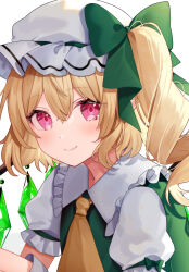 Rule 34 | 1girl, alternate color, ascot, blonde hair, crystal wings, flandre scarlet, green ribbon, green vest, hat, hat ribbon, highres, looking at viewer, mob cap, puffy short sleeves, puffy sleeves, red eyes, ribbon, shirt, short sleeves, smile, solo, touhou, usushio, vest, white hat, white shirt, yellow ascot