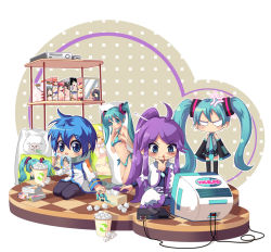 Rule 34 | 2boys, 6+girls, andy h, angry, bikini, blood, blue eyes, blue hair, book, console, dakimakura (object), faux figurine, game console, green eyes, green hair, hatsune miku, kagamine rin, kaito (vocaloid), kamui gakupo, long hair, merchandise, multiple boys, multiple girls, nosebleed, pillow, ponytail, purple hair, shelf, swimsuit, television, tissue, tissue box, trash can, twintails, vocaloid, xbox 360