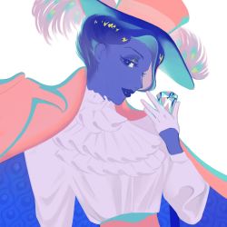 1girl bad_id bad_twitter_id blue_eyes blue_hair blue_skin colored_skin eyeshadow gem gloves hand_up hat hat_feather highres jacket limited_palette long_sleeves makeup mu_mashu original parted_lips pink_hat profile shirt shirt_tucked_in smile solo upper_body white_background white_gloves white_shirt