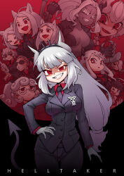 &gt;_&lt; 6+girls :d :s ;d absurdres ahoge animal_ears archangel_(helltaker) arm_at_side azazel_(helltaker) black_gloves black_hairband black_jacket black_necktie black_pants black_sleeves black_tail blunt_bangs bottle bow breasts business_suit cerberus_(helltaker) chinese_commentary cigarette claws clenched_teeth closed_eyes closed_mouth collarbone collared_shirt contrapposto copyright_name cowboy_shot curly_hair curtained_hair dark-skinned_female dark_skin demon_girl demon_horns demon_tail dot_nose double-parted_bangs expressionless fang fangs fingerless_gloves forehead formal glasses gloves gooster hairband halo hand_on_own_hip heart heart-shaped_pupils helltaker highres holding holding_bottle horns jacket judgement_(helltaker) justice_(helltaker) long_hair long_sleeves looking_at_viewer looking_to_the_side low-tied_long_hair lucifer_(helltaker) malina_(helltaker) medium_breasts medium_hair modeus_(helltaker) mole mole_under_eye multiple_girls necktie one_eye_closed open_clothes open_jacket open_mouth pandemonica_(helltaker) pants red_bow red_eyes red_shirt red_sweater shadow shirt sidelocks skin_fang smile smoke smoking spikes suit sweater symbol-shaped_pupils tail teeth thick_eyebrows thigh_gap thighs thumbs_up tonfa two-tone_background upper_teeth_only v-shaped_eyebrows weapon white_eyes white_gloves white_hair white_halo