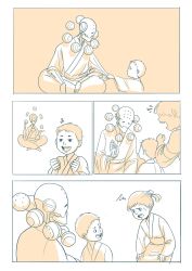 Rule 34 | 1girl, 2boys, 4koma, android, child, clothed robot, comic, highres, humanoid robot, japanese clothes, juggling, limited palette, looking at another, monochrome, multiple boys, overwatch, overwatch 1, robot, shaking head, silent comic, smile, zenyatta (overwatch)