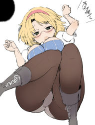 Rule 34 | 1girl, alice margatroid, ass, bespectacled, black pantyhose, blonde hair, boots, breasts, brown pantyhose, cross-laced footwear, glasses, hairband, hip focus, hiruma andon, impossible clothes, impossible shirt, knees together feet apart, large breasts, legs, legs up, lying, on back, open mouth, panties, panties under pantyhose, pantyhose, pussy, revision, rumia, rumia (darkness), shirt, sketch, solo, thighs, touhou, trefoil, underwear, white panties, wide hips