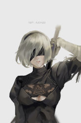 Rule 34 | 1girl, absurdres, bad id, bad pixiv id, black blindfold, black dress, black hairband, black thighhighs, blindfold, breasts, cleavage, commentary request, copyright name, dress, gloves, hairband, highres, juliet sleeves, long sleeves, mole, mole under mouth, nier:automata, nier (series), null (skev7724), parted lips, puffy sleeves, short hair, silver hair, simple background, solo, thighhighs, upper body, 2b (nier:automata)
