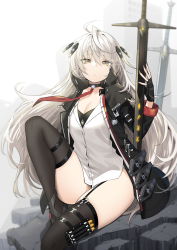 Rule 34 | 1girl, bad id, bad twitter id, black choker, black footwear, black gloves, black jacket, black thighhighs, breasts, choker, cleavage, closed mouth, counter:side, fingerless gloves, gloves, hair between eyes, highres, hilde (counter:side), jacket, long hair, long sleeves, looking at viewer, no pants, shirt, sitting, sky-freedom, solo, thighhighs, thighs, white hair, white shirt, yellow eyes